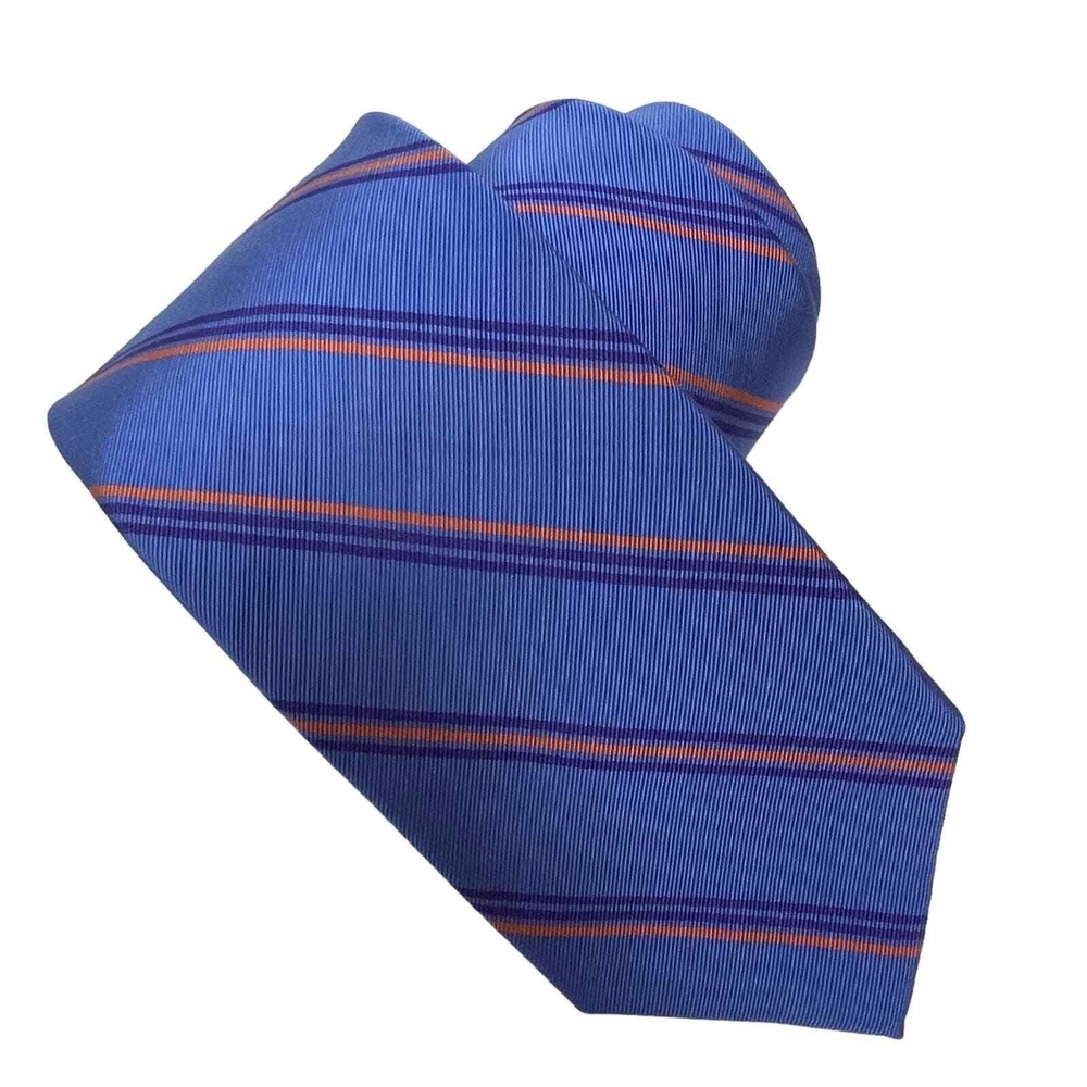 Peter Millar Necktie Men One Size Blue Orange Striped Hand Folded Silk Repp